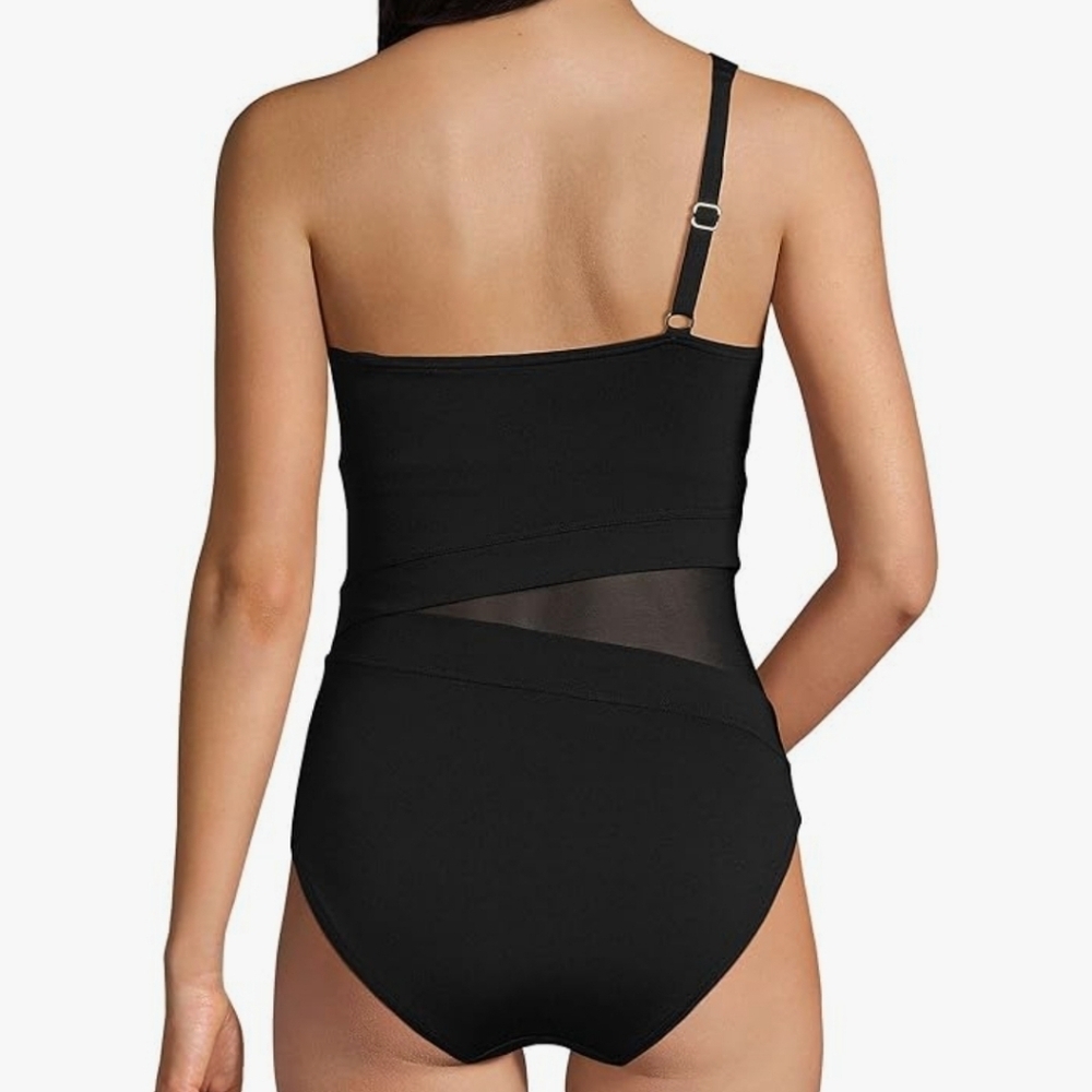 Lands' End Wmn's 8 One Shoulder High Leg Shine Shirred One Piece Swimsuit Black - Picture 2 of 8